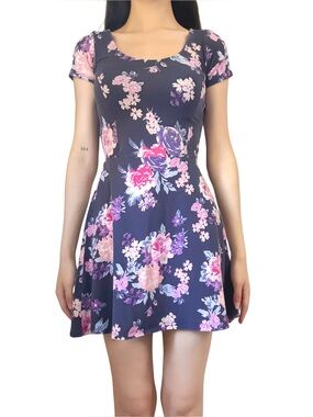 GARAGE Fit and Flare Dress Back Cutout Floral Navy Pink Size XS GUC